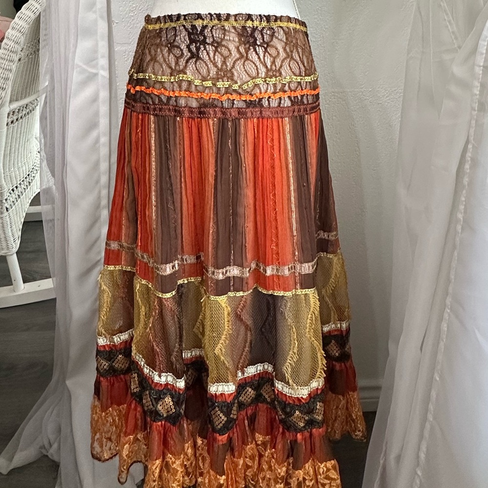 🤎🧡 Bohemian Orange brown Midi Maxi Festival boho Skirt size Small - Picture 7 of 11